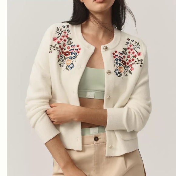 Anthropologie Sweaters - Anthropologie NVLT Button-Front Embroidered Knit Lady Jacket Ivory size L